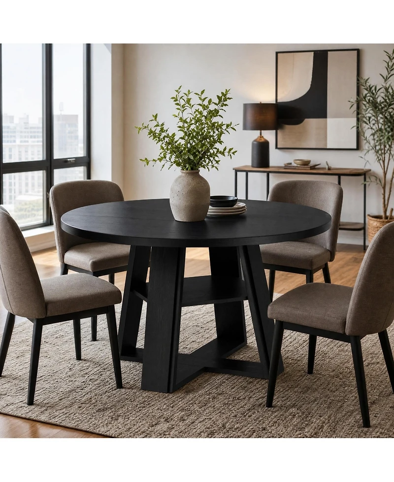 homfan Modern Farmhouse 43" Round Dining Table - Wooden Pedestal with Built-in Storage Shelf, Space-Saving for Apartments, Seats 2-4