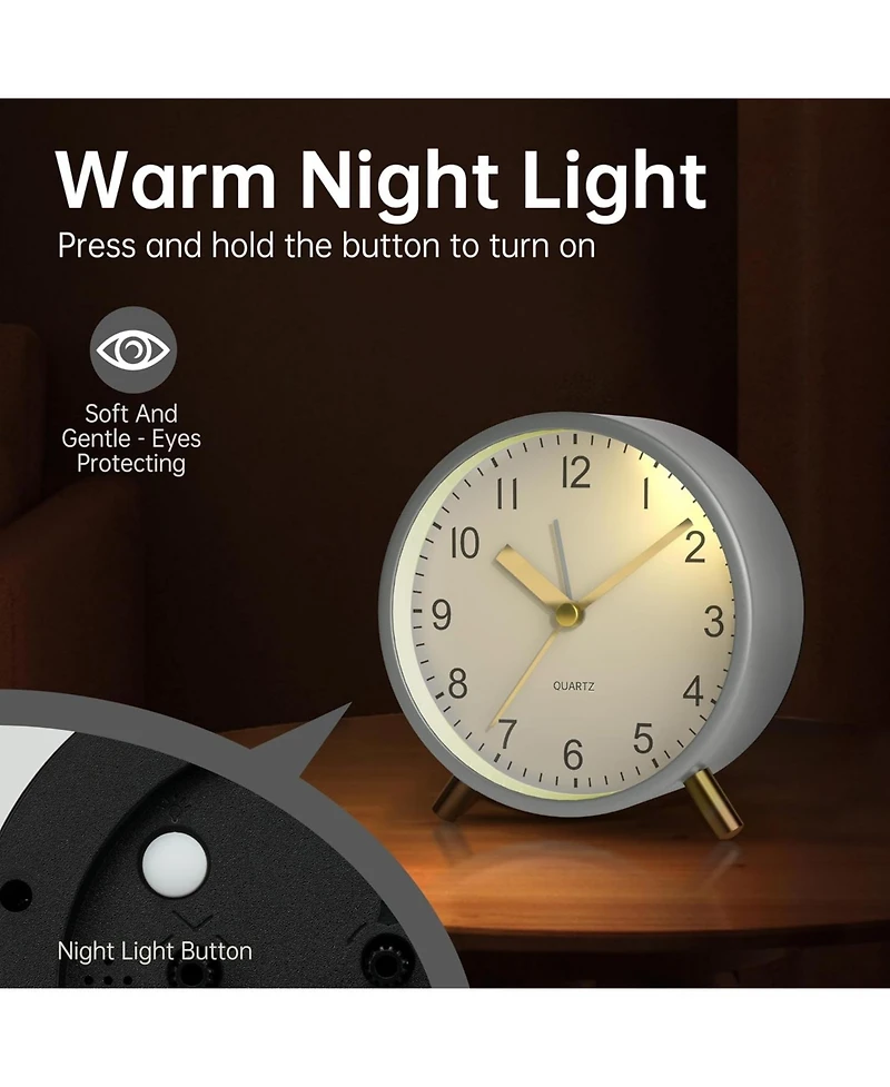 Jall 4 Inch Analog Alarm Clock Silent Non Ticking Night Light Loud Alarm 1x Aa Battery Simple Design for Any Room