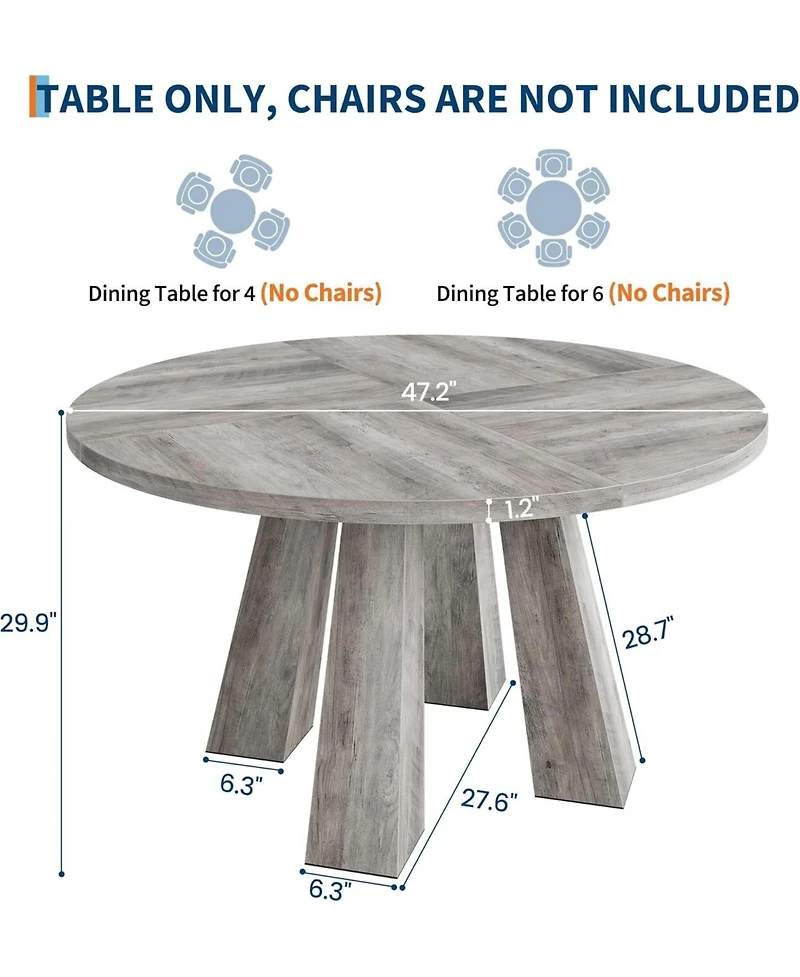 gaomon 47" Round Dining Table for 4-6, Wood Kitchen Table with Sturdy Base, Farmhouse