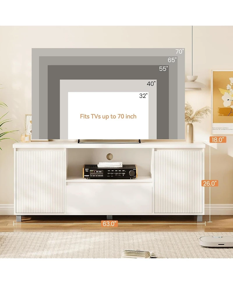 gaomon Modern 63" Tv Stand for TVs up to 70", Fluted Entertainment Center with Storage Drawer and Open Shelves, Media Console Cabinet for Living Room
