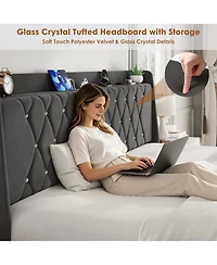 gaomon Velvet Upholstered Platform Bed Frame with Crystal Tufted Headboard, 2 Storage Drawers, Built-in Charging Station, Wood Slat Support