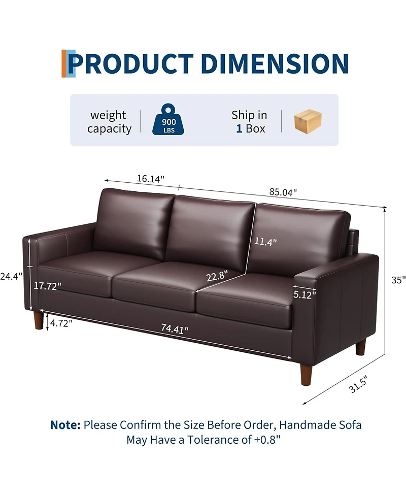 gaomon 85" Leather Couch for Living Room, Modern Leather Sofa with Padded Backrest, Upholstered Sofa with Deep Seat, 3-seat Sofa for Living Room