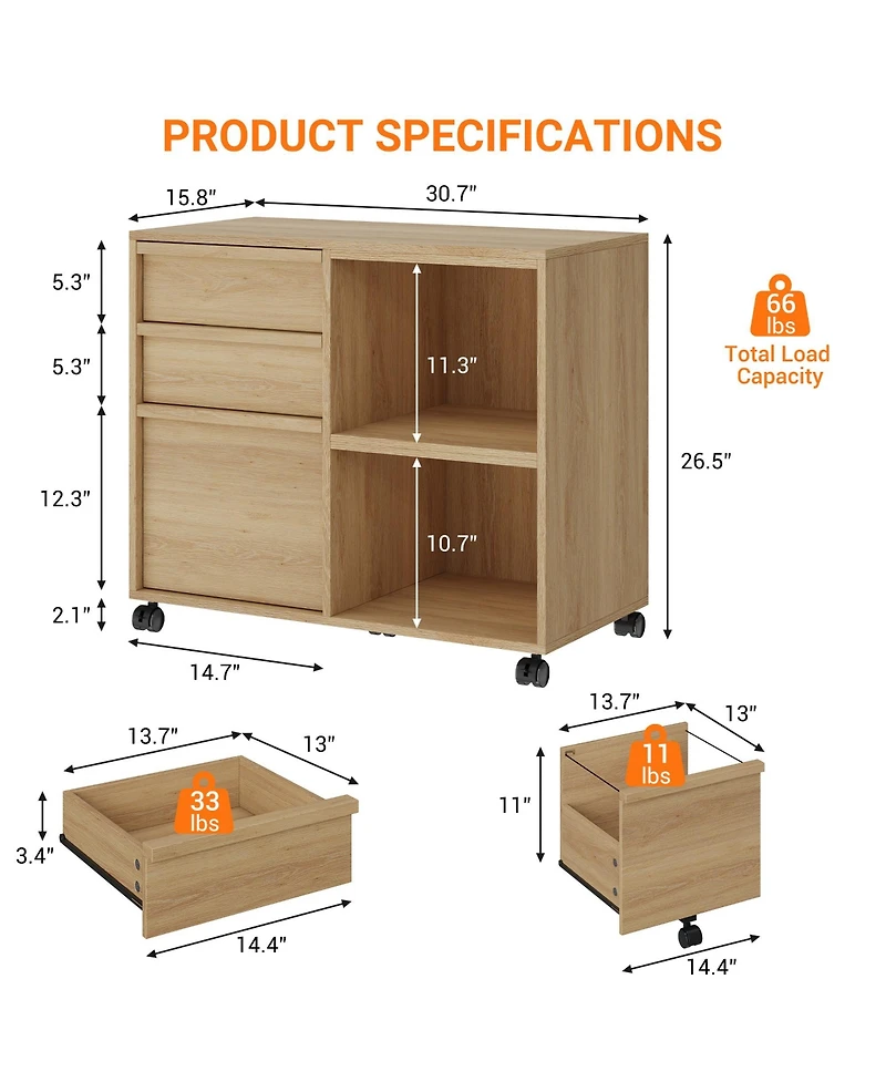 gaomon 3-Drawer File Cabinet, Rolling Storage Cabinet with Shelf for Dining Room, Office