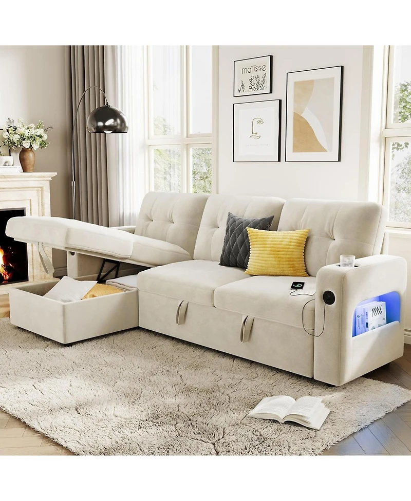 gaomon 84 Inch Sleeper Sofa Couch for Living Room, L-Shaped Sofa, Convertible Pull Out Sofa Bed with Storage, Charging Station, Led Lights