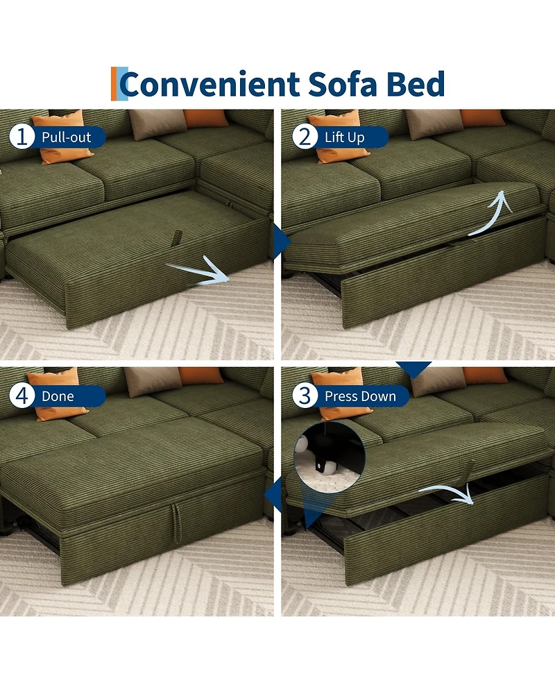 gaomon U-Shaped Corduroy Sectional Sleeper Sofa for Living Room – 7-Seater Modular Couch with Pull-Out Bed – Storage Ottoman