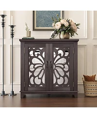 Clihome Acrylic Mirror Door Buffet Cabinet, Mdf Hollow-Carved Accent Cabinet Storage Sideboard with Adjustable Shelves