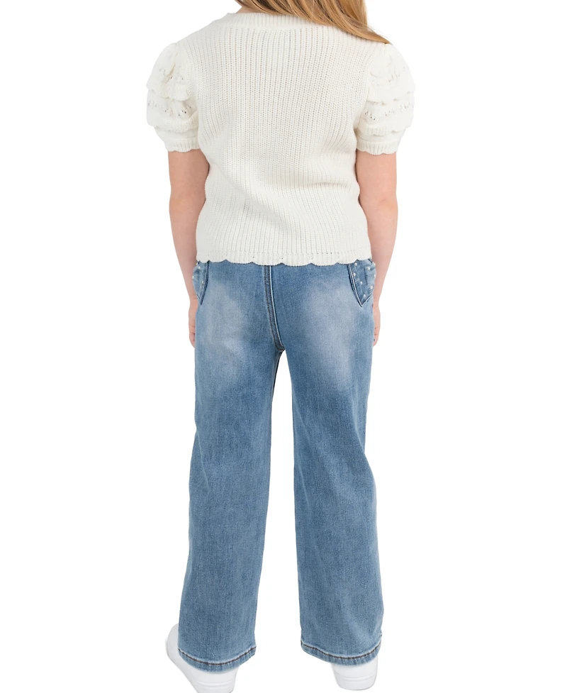 Rare Editions Girls' 2T-6X Crochet Knit Top and Bow Detail Rib Jeans, 2-Piece Set