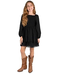 Rare Editions Girls' 7-14 Textured Clip Dot Smocked Bodice Long-Sleeve Dress