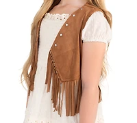 Rare Editions Girls' 4T-6X Suede Fringe Vest and Clip Dot Cotton Puff Sleeve Dress, 2-Piece Set