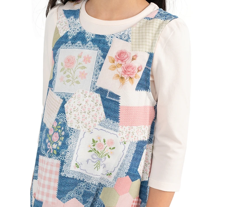 Rare Editions Girls' 2T-6X Long-Sleeve knit top and Patchwork Digital Print Jumper, 2-Piece Set
