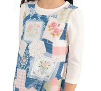 Rare Editions Girls' 2T-6X Long-Sleeve knit top and Patchwork Digital Print Jumper, 2-Piece Set