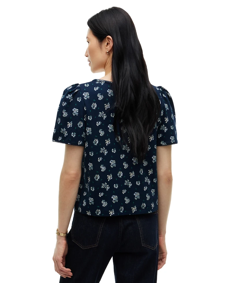 Tommy Hilfiger Women's Printed Contrast Trim Puff-Sleeve V-Neck Top