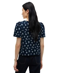Tommy Hilfiger Women's Printed Contrast Trim Puff-Sleeve V-Neck Top