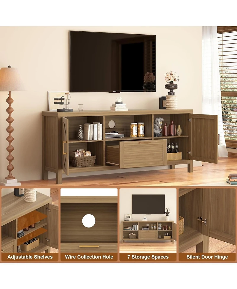 gaomon 59 Inch Farmhouse Tv Stand, Wooden Media Console with Cabinets, Drawer and Open Shelf