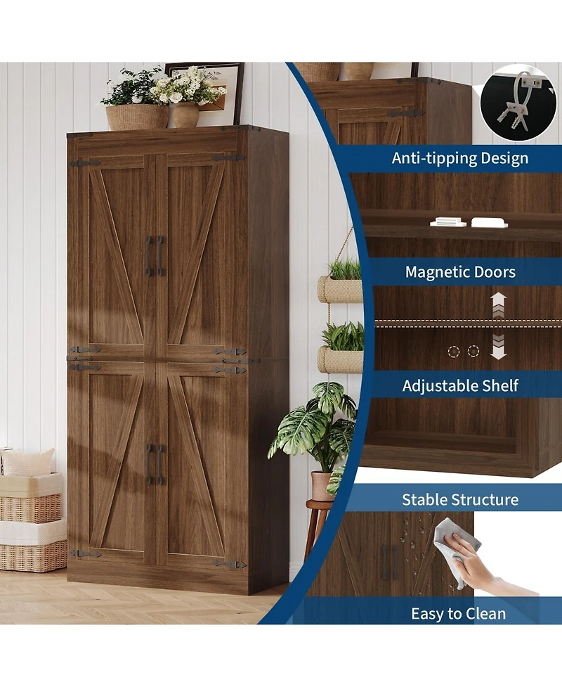 gaomon 71 Inch Tall Farmhouse Kitchen Pantry Storage Cabinet with 4 Barn Doors and Adjustable Shelves, for Kitchen, Dining Room, Bathroom