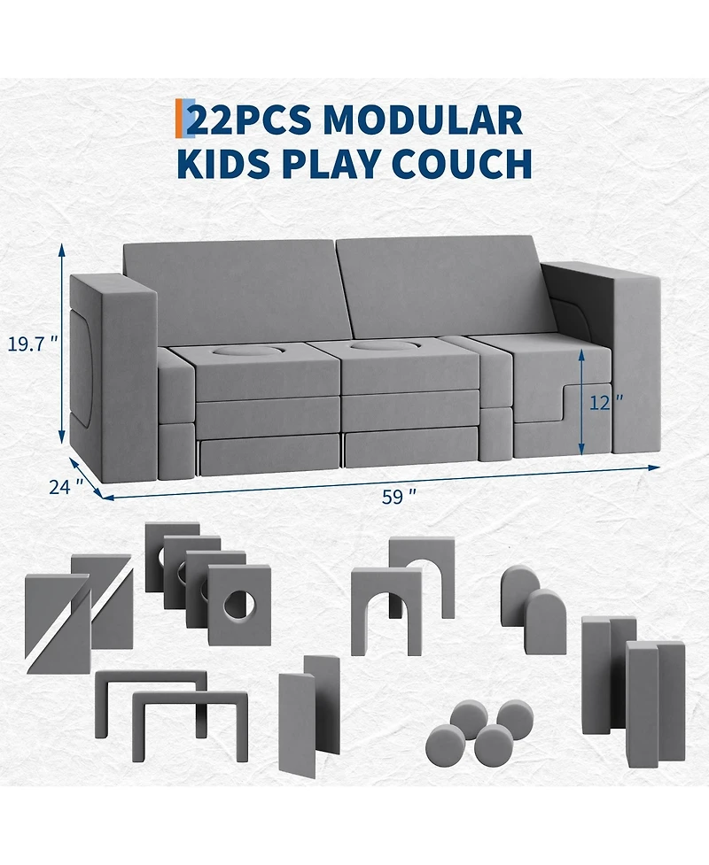 gaomon 22-Piece 2-Seat Modular Foam Kids Play Couch, Convertible Easy Clean Safe Educational Sofa for Toddler Indoor Play