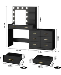 gaomon 61" Vanity Desk with Mirror And Adjustable Led Lights, 8-Drawer Makeup Dressing Table with 2-Tier Shelves