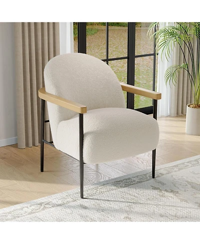 gaomon Comfy Chair, Modern Accent Chair with Teddy Fabric, Wood Arms, Metal Frame and Adjustable Feet, Mid Century Modern Chair for Living Room