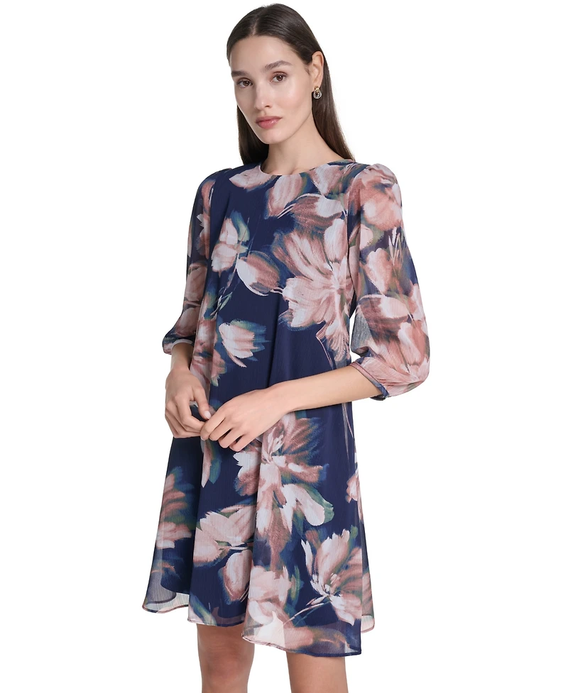 Calvin Klein Women's 3/4-Sleeve Floral Chiffon Shift Dress