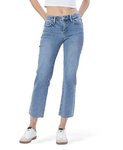 Vervet Women's Mid Rise Clean Cut Raw Hem Straight Jeans