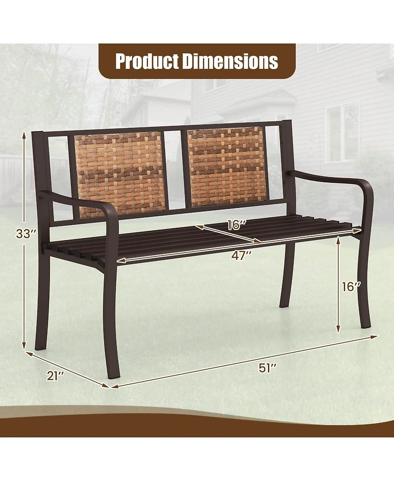 Costway 51" Patio Metal Bench for 2-3 with Rattan Backrest and Curved Armrests for Backyard