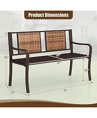 Costway 51" Patio Metal Bench for 2-3 with Rattan Backrest and Curved Armrests for Backyard
