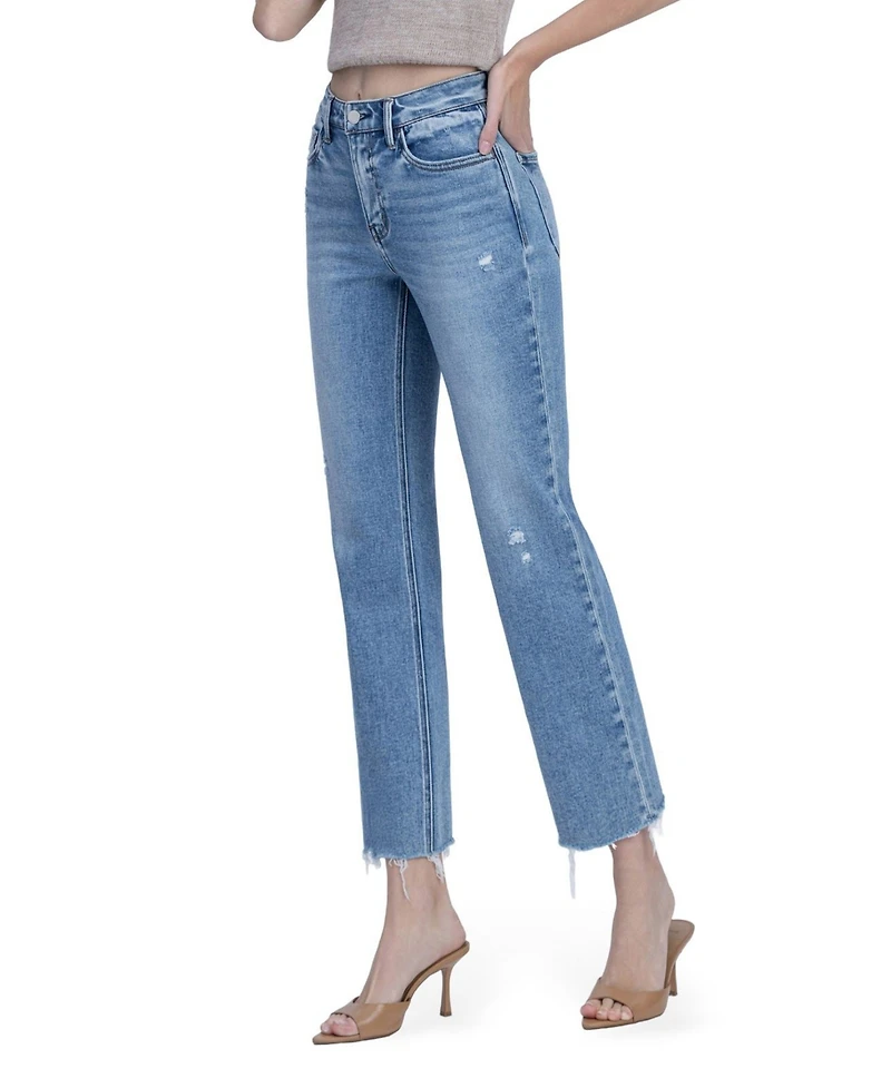 Flying Monkey Women's High Rise Distressed Detail Ankle Straight Jeans