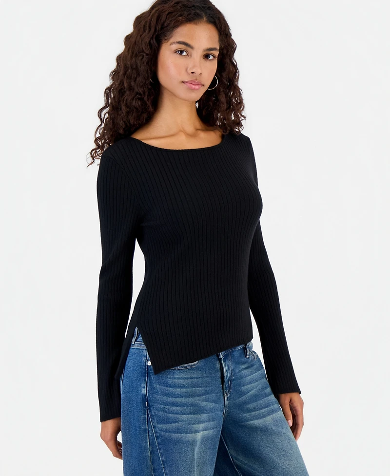 Hooked Up by Iot Juniors' Asymmetric-Hem Boat-Neck Sweater