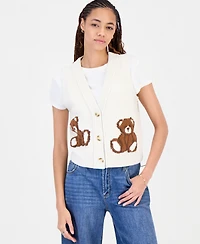 Hooked Up by Iot Juniors' V-Neck Button-Front Teddy Bear Motif Sweater Vest