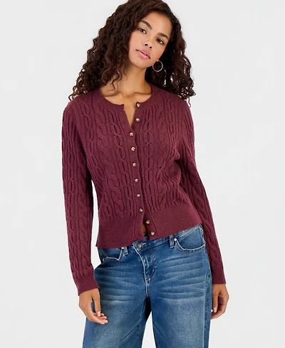Hooked Up by Iot Juniors' Cable-Knit Crew-Neck Cardigan