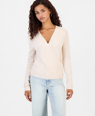Hooked Up by Iot Juniors' Surplice Long-Sleeve V-Neck Wrap Sweater