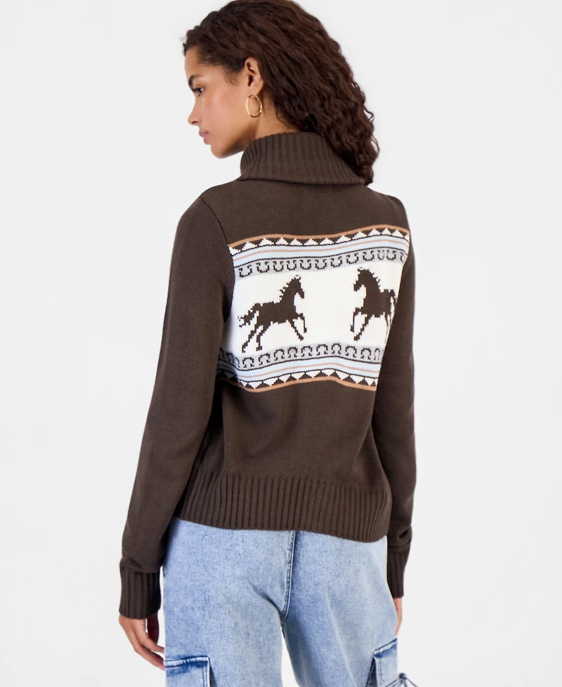 Hooked Up by Iot Juniors' Double-Zip Collared Horse Motif Sweater