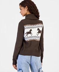 Hooked Up by Iot Juniors' Double-Zip Collared Horse Motif Sweater