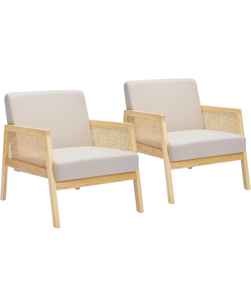 gaomon Set of 2 Mid Century Accent Armchairs – Upholstered Linen Lounge Chairs with Rattan Details, Sturdy Wood Legs