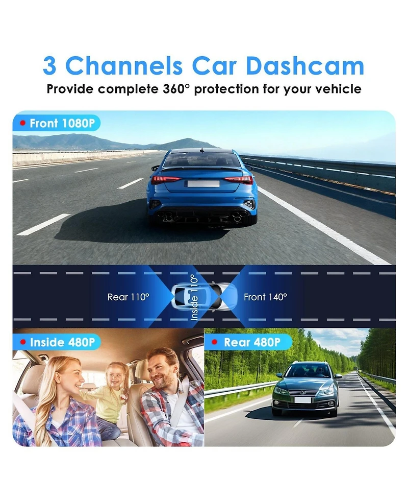 Neewer 1080P 3-Channel Dash Cam with Night Vision, Parking Monitor