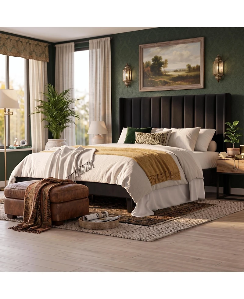 Upholstered Platform Bed Frame with 52 Inch High Vertical Channel Tufted Wingback Headboard, Wooden Slat Support
