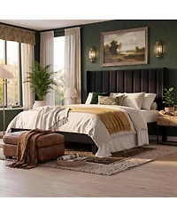Upholstered Platform Bed Frame with 52 Inch High Vertical Channel Tufted Wingback Headboard, Wooden Slat Support