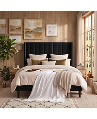 Upholstered Platform Bed Frame with 52 Inch High Vertical Channel Tufted Wingback Headboard, Wooden Slat Support