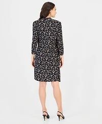 Connected Women's Geometric-Print Scoop Neck 3/4-Sleeve Jacket Dress