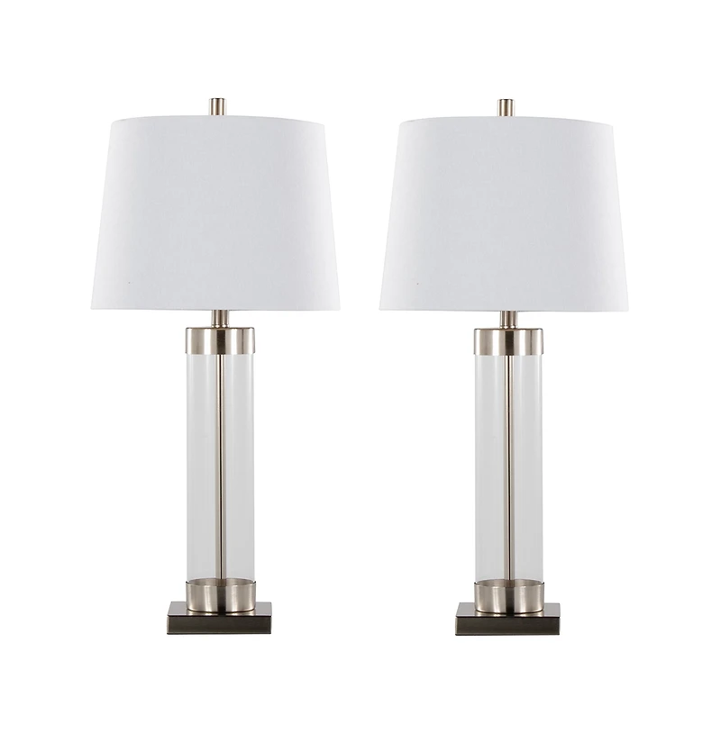 30" Contemporary Glass Table Lamp in Clear Glass and Brushed Nickel with White Linen Shade from Grandview Gallery - Set of 2