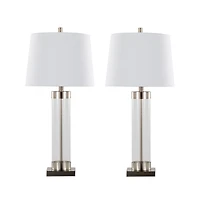 30" Contemporary Glass Table Lamp in Clear Glass and Brushed Nickel with White Linen Shade from Grandview Gallery - Set of 2