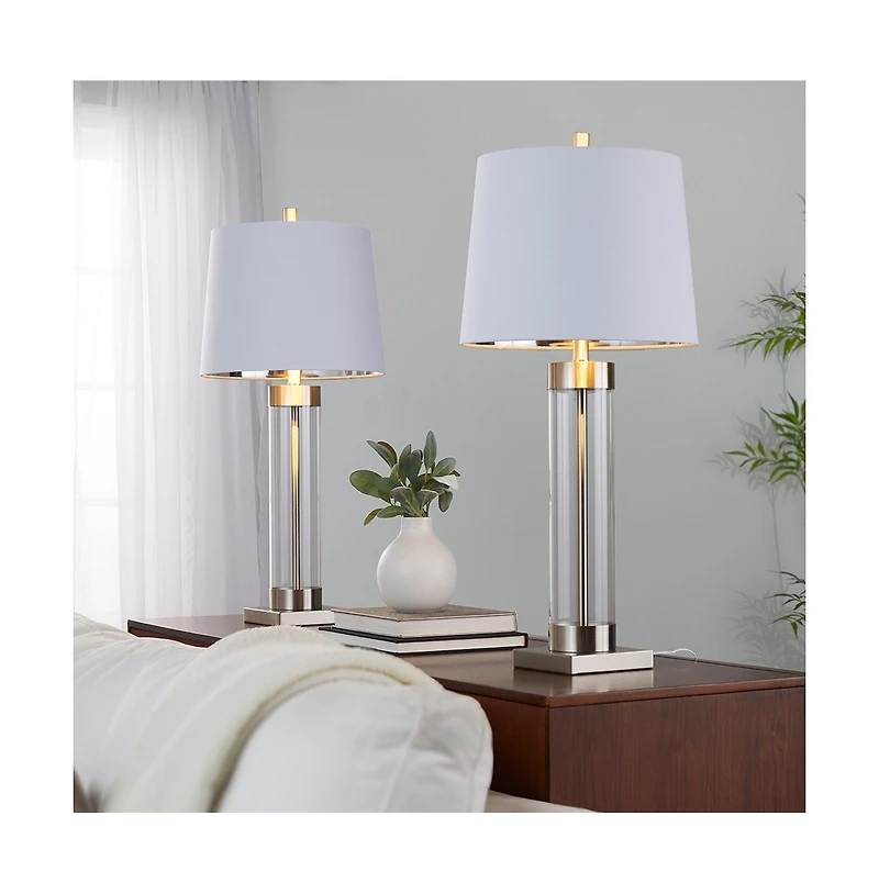 30" Contemporary Glass Table Lamp in Clear Glass and Brushed Nickel with White Linen Shade from Grandview Gallery - Set of 2