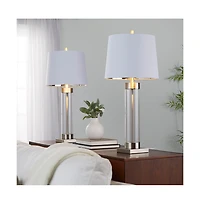 30" Contemporary Glass Table Lamp in Clear Glass and Brushed Nickel with White Linen Shade from Grandview Gallery - Set of 2