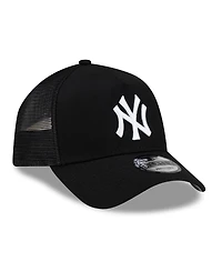 New Era Men's Black New York Yankees Side Script 9FORTY A-Frame Trucker Adjustable Hat