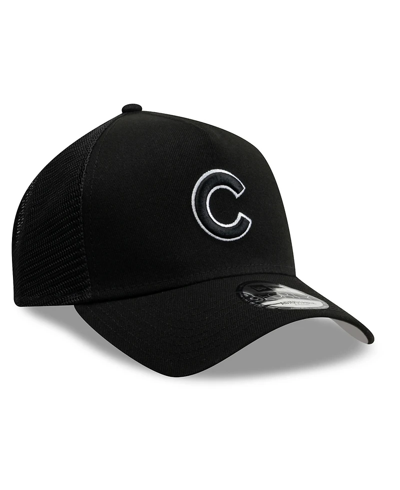 New Era Men's Black Chicago Cubs Side Script 9FORTY A-Frame Trucker Adjustable Hat