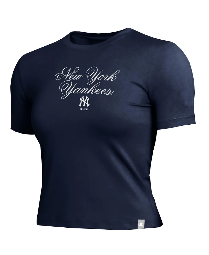 Champion Women's Navy New York Yankees Soft-Touch Fitted Cropped T-Shirt