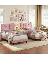 Gaomon 2 Set of Twin Size Bed Frame with Adjustable Height Vertical Channel Tufted Headboard, Upholstered Platform Bed Frame with Wooden Slats Support