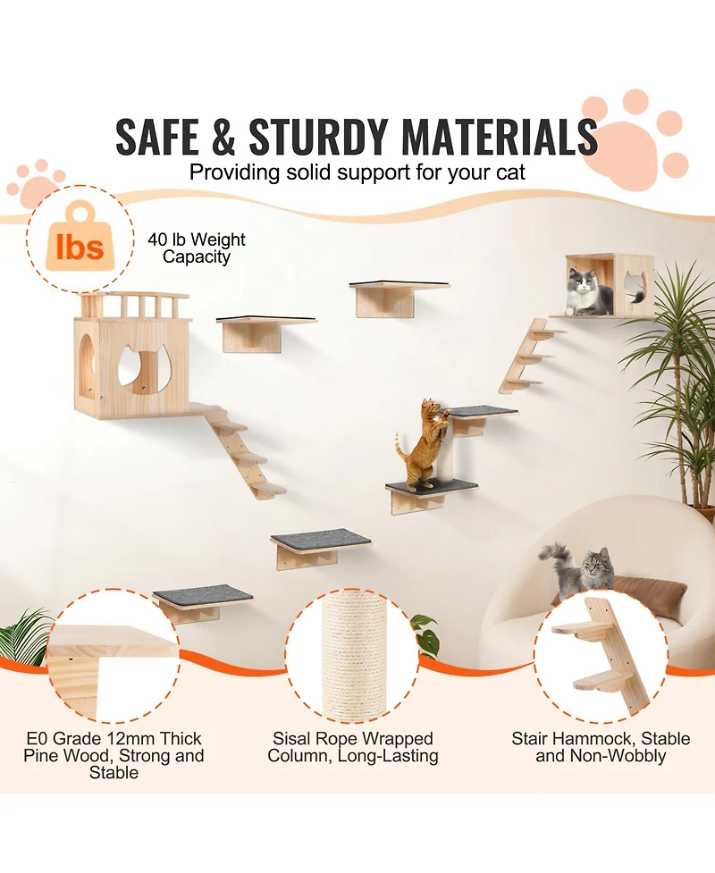 Vevor Wall Mounted Cat Shelves Tree with Jumping Boards Nests Hammock Set of 9
