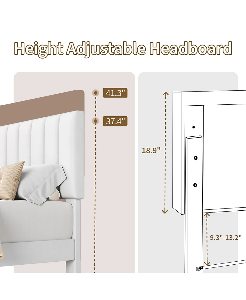 gaomon Set of 2 Size Bed Frame with Adjustable Height Vertical Channel Tufted Headboard, Upholstered Platform Bed Frame with Wooden Slats Support