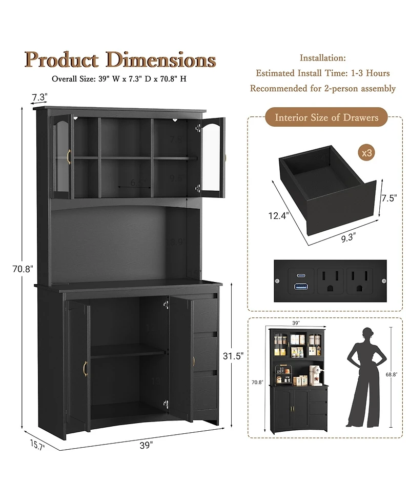 homfan 71" Tall Kitchen Pantry Cabinet with Led Lights and Charging Station, 3 Drawers, Glass Doors, Adjustable Shelves
